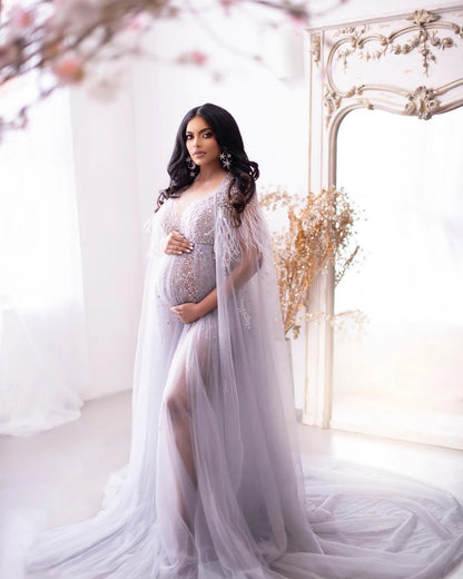 Luxury Beaded Feathers Maternity Gowns - Azahshopping