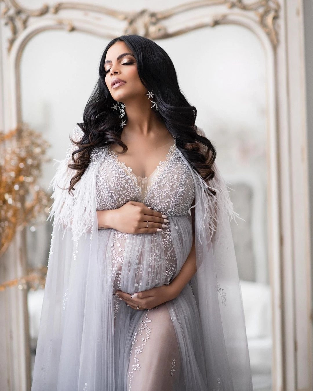 Luxury Beaded Feathers Maternity Gowns - Azahshopping