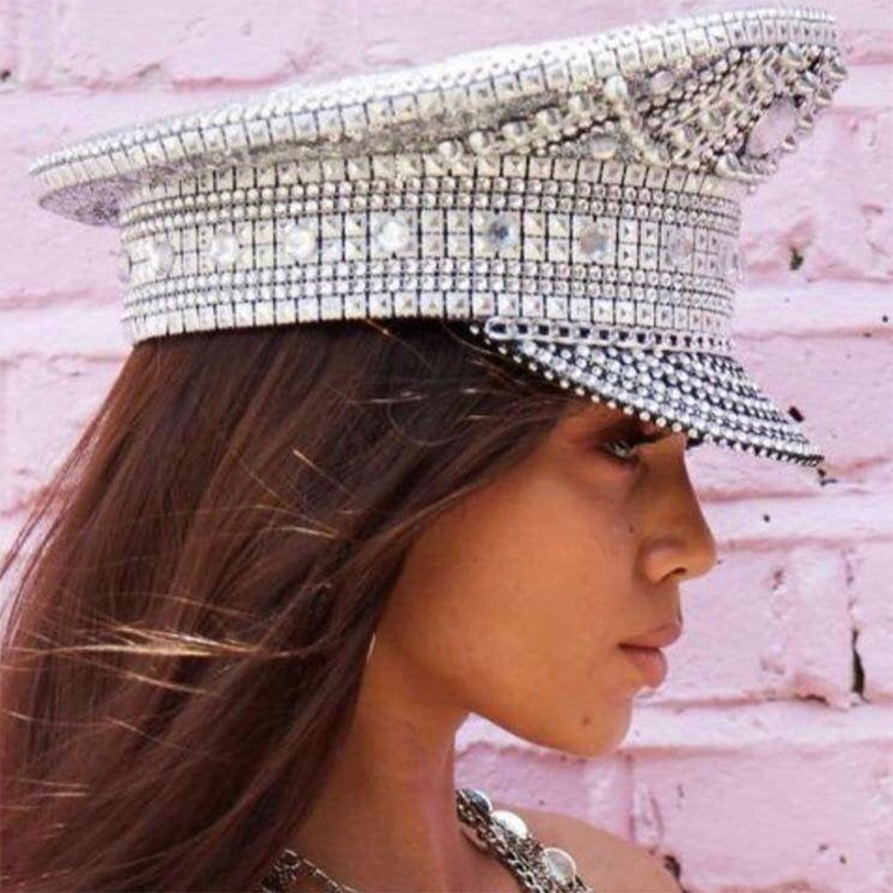 Luxury Rhinestone Women Military Sergeant Bridal Hat