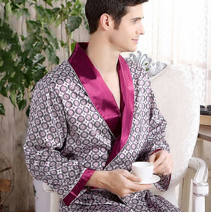 Nightgown Satin Kimono Bathrobe Sleepwear for Men