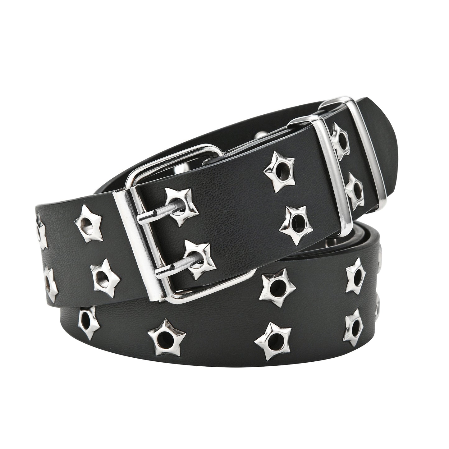 Star Eye Rivet Belt Goth Style Double Pin Buckle Man/woman Pu Leather Waistband