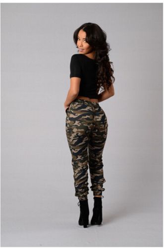 Stretchy Waistband Convergent Trousers Fashion Plus Size Camouflage Stylish Skinny Army Green Jeans