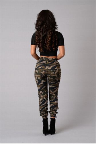 Stretchy Waistband Convergent Trousers Fashion Plus Size Camouflage Stylish Skinny Army Green Jeans