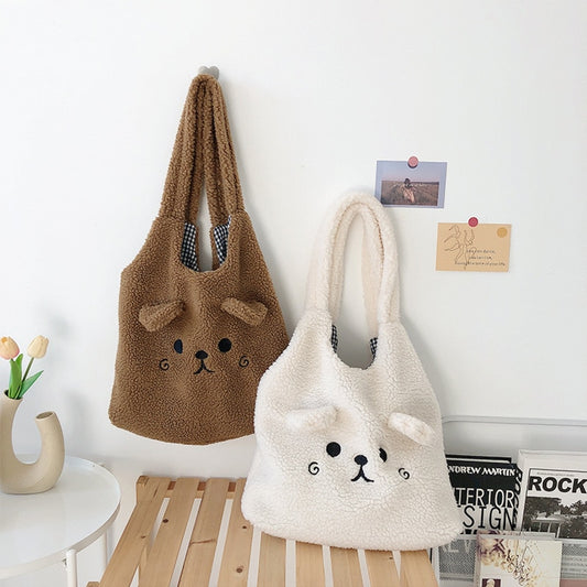 Soft Plush Tote Bag Cartoon Embroidery Imitation Lamb Hair Shoulder Bag For Women