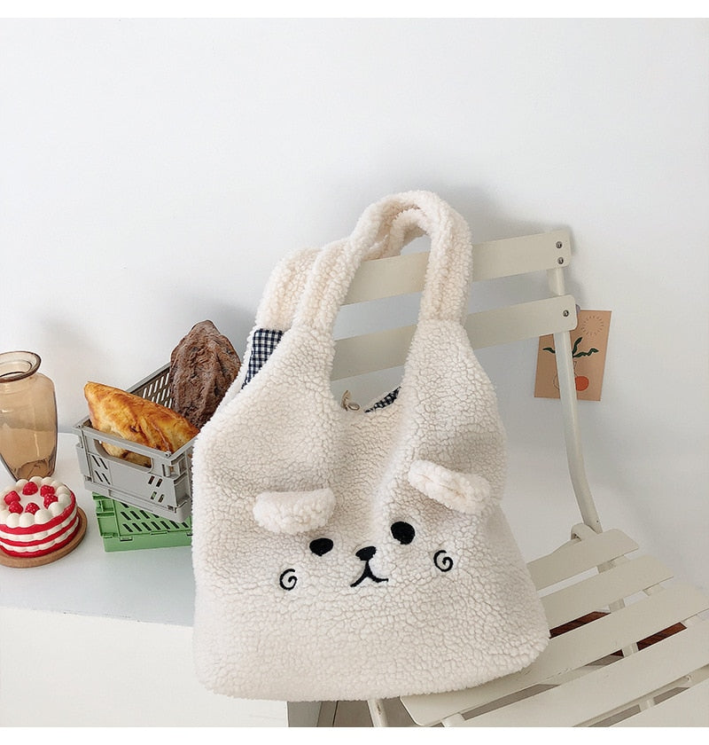 Soft Plush Tote Bag Cartoon Embroidery Imitation Lamb Hair Shoulder Bag For Women