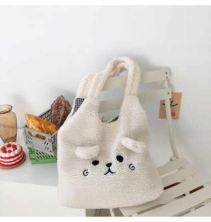 Soft Plush Tote Bag Cartoon Embroidery Imitation Lamb Hair Shoulder Bag For Women