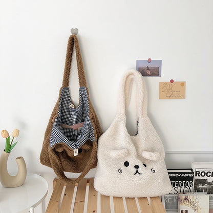 Soft Plush Tote Bag Cartoon Embroidery Imitation Lamb Hair Shoulder Bag For Women