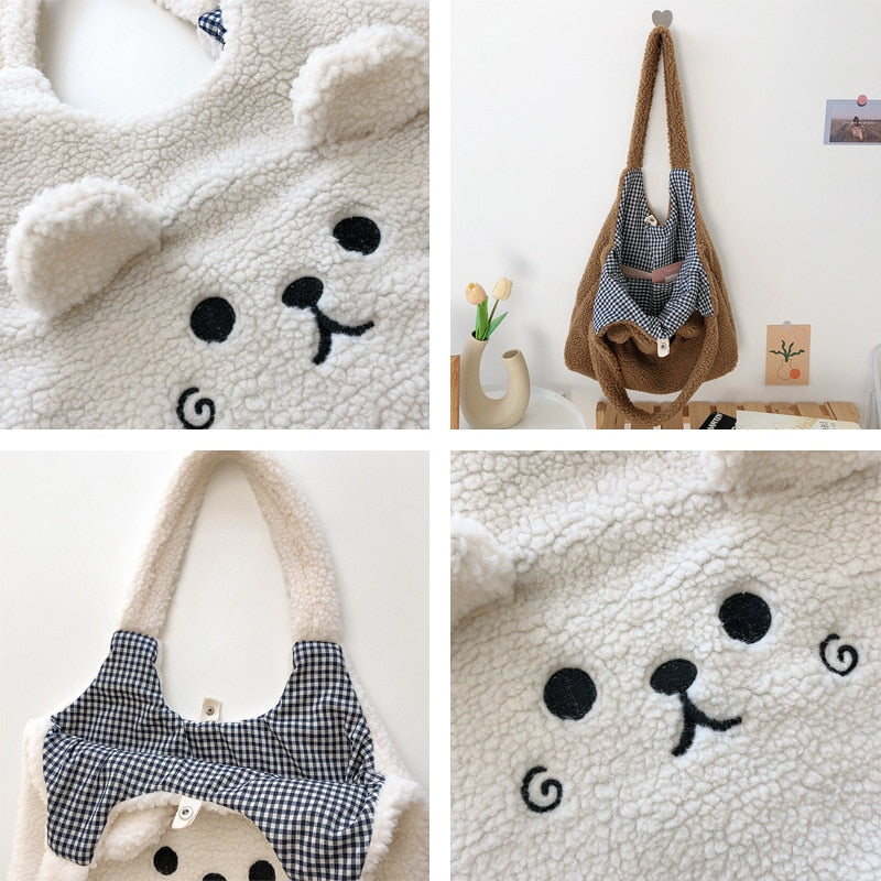 Soft Plush Tote Bag Cartoon Embroidery Imitation Lamb Hair Shoulder Bag For Women