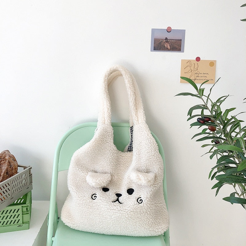 Soft Plush Tote Bag Cartoon Embroidery Imitation Lamb Hair Shoulder Bag For Women