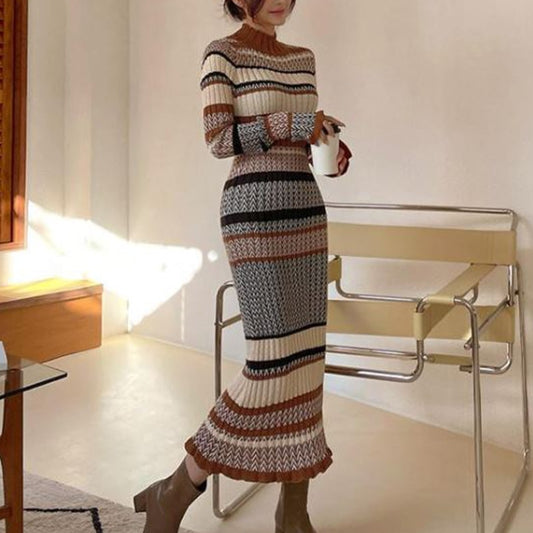 Gentle Wind Striped Waist Long Knitted Dress