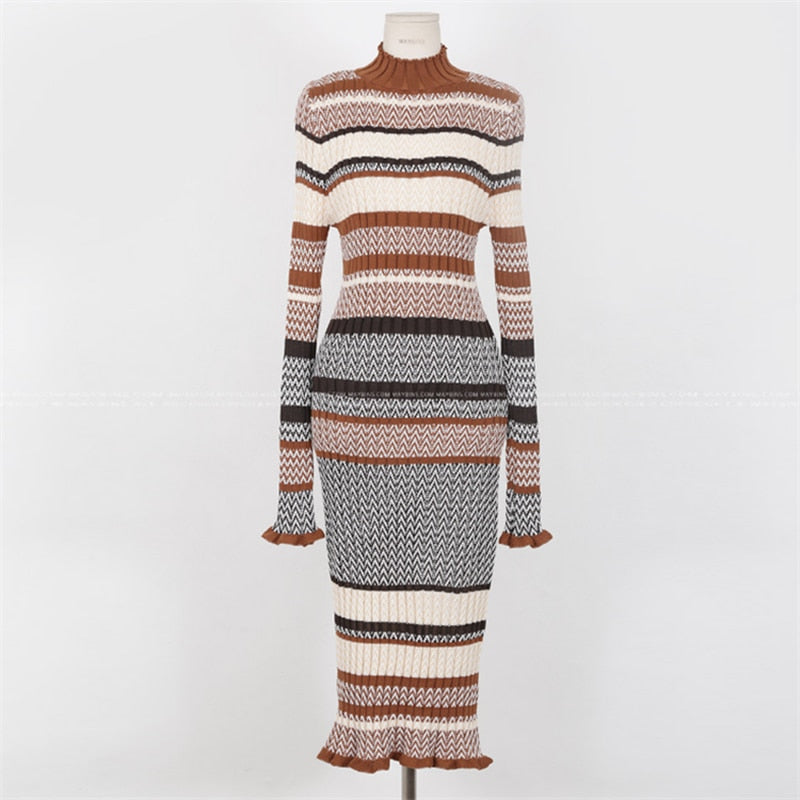 Gentle Wind Striped Waist Long Knitted Dress