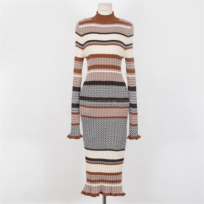 Gentle Wind Striped Waist Long Knitted Dress