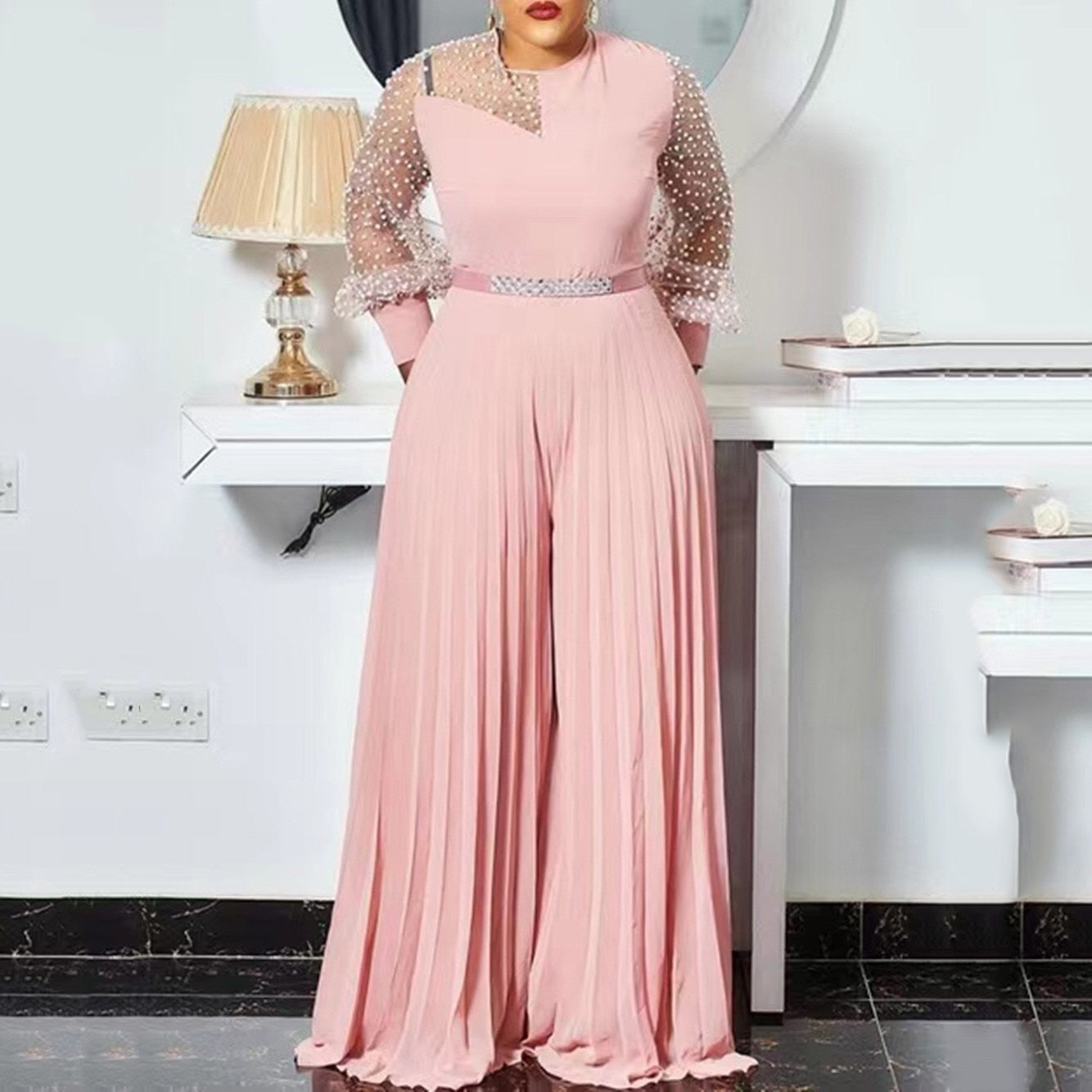 Pink Pleated High Waisted Floor Length Elegant Jumpsuits