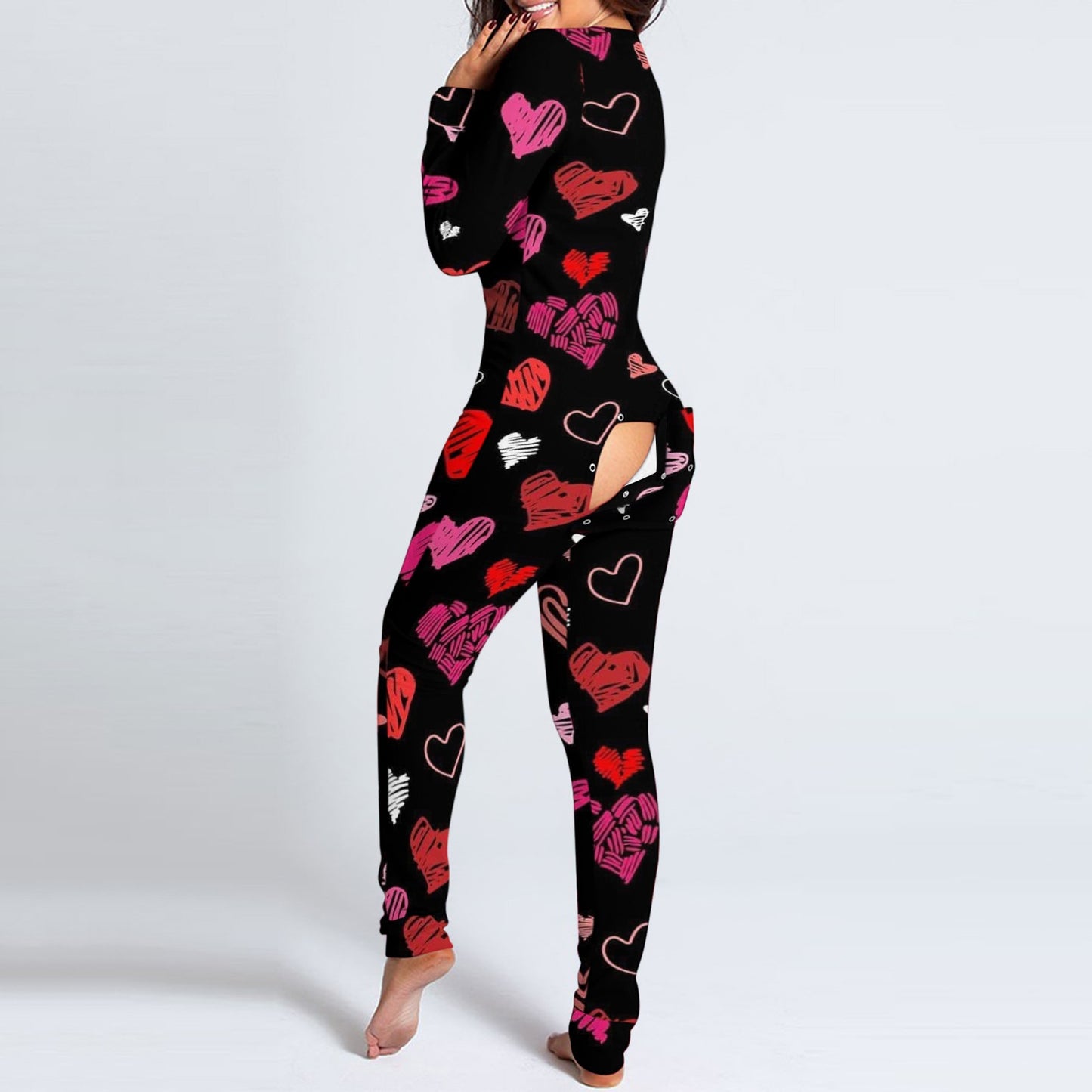 Pink Heart Printed Women Onesies Jumpsuit