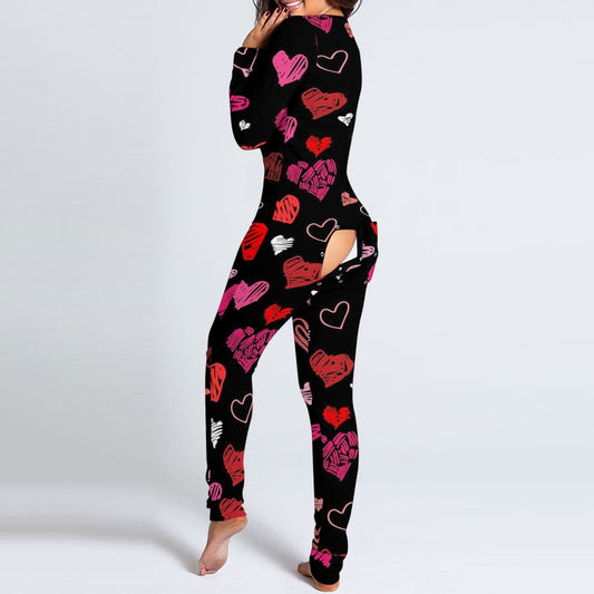 Pink Heart Printed Women Onesies Jumpsuit