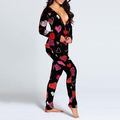 Pink Heart Printed Women Onesies Jumpsuit