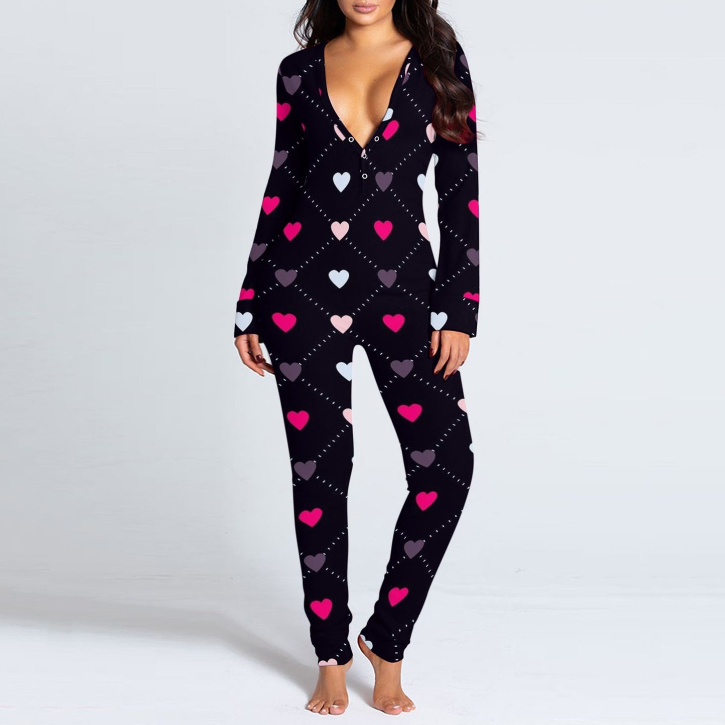 Pink Heart Printed Women Onesies Jumpsuit