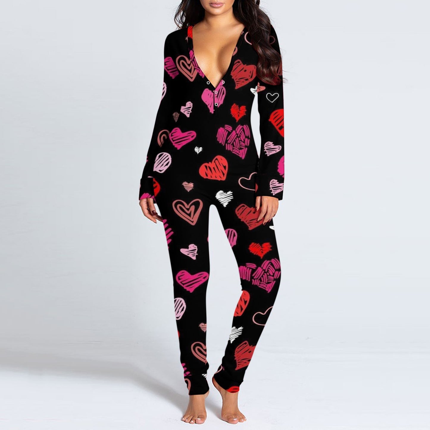 Pink Heart Printed Women Onesies Jumpsuit