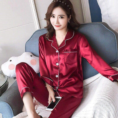 Pajamas Set Satin Silk Sleepwear Turn-down Collar 2 Pieces