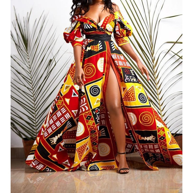 V neck Backless High waist Dashiki Ankara Dresse - Azahshopping