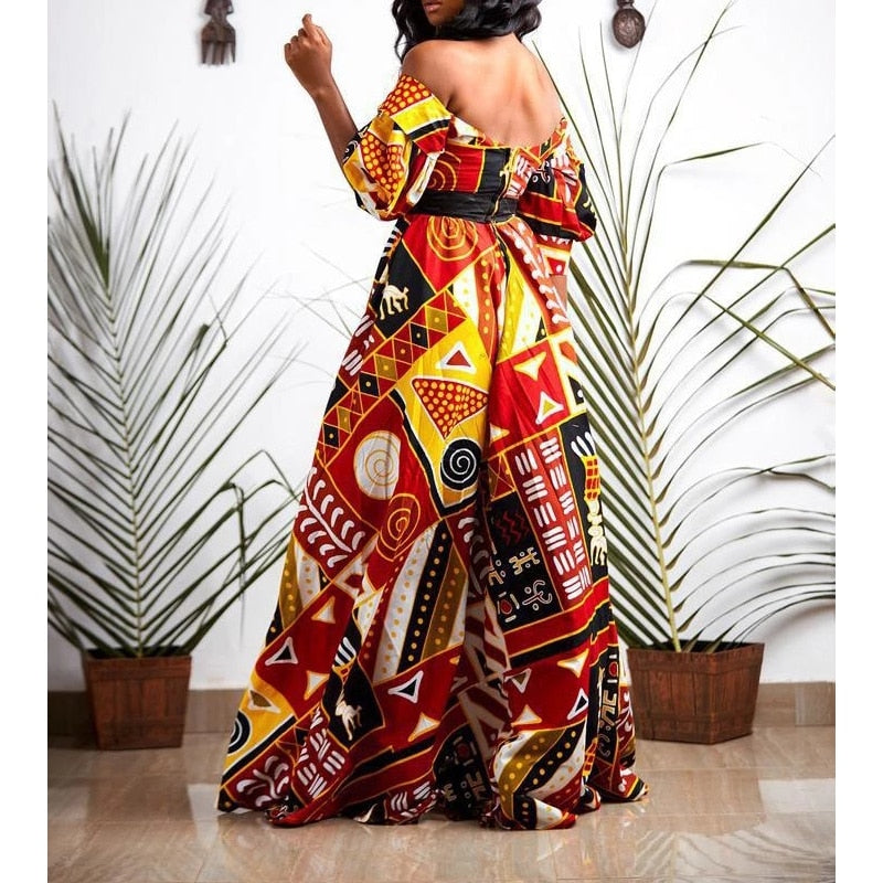 V neck Backless High waist Dashiki Ankara Dresse - Azahshopping