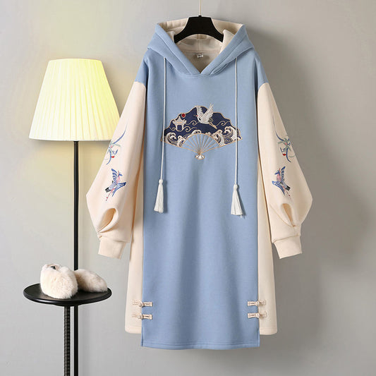 Long Sleeve Embroidery Chinese Style Hoodies Dress