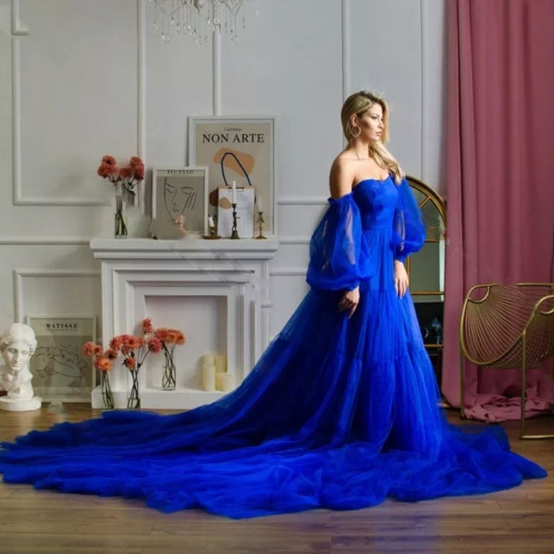 Royal Blue Bridal Tulle Maternity Dress with Detachable Sleeves Long Train - Azahshopping