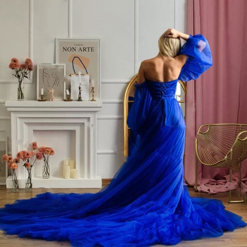 Royal Blue Bridal Tulle Maternity Dress with Detachable Sleeves Long Train - Azahshopping