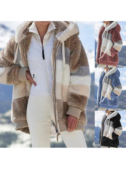 Hooded Warm Patchwork Color Zipper Pocket Jacket - Azahshopping