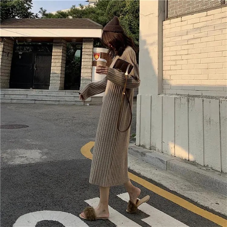 French Vintage Long Knitted Dress for Women