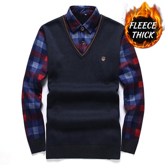 Long Sleeve Pullover Fake Two Pieces Shirt Collar Sweater Preppy Style Fleece