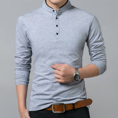 Full Sleeve Tshirt Men Solid Color Mandarin Collar Long Shirt - T-shirts