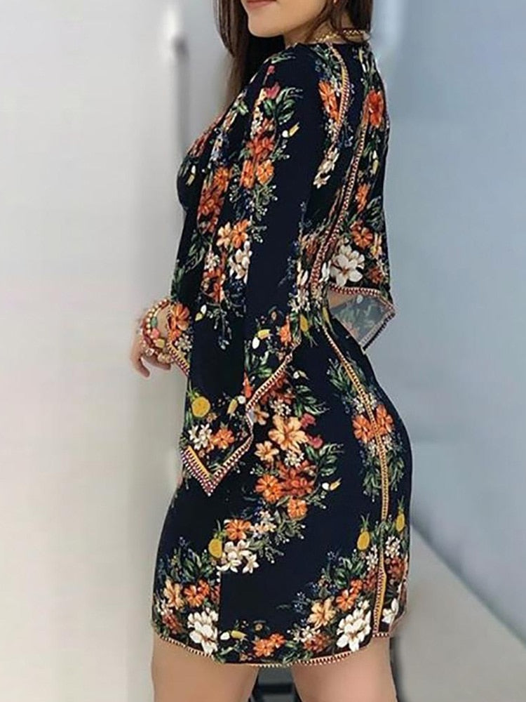 Deep V Neck Floral Print Spring Dress