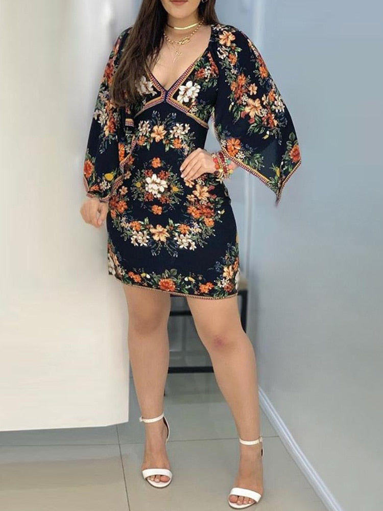 Deep V Neck Floral Print Spring Dress