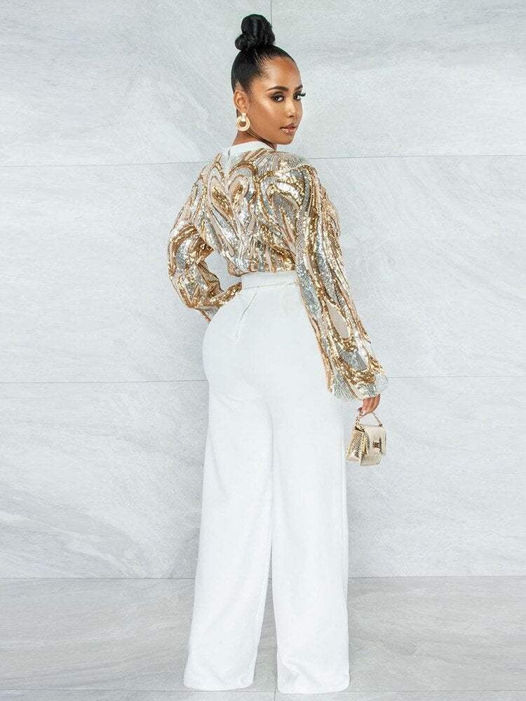 Long Sleeve Glitter Shiny Wide Leg One Piece Overall with Belt