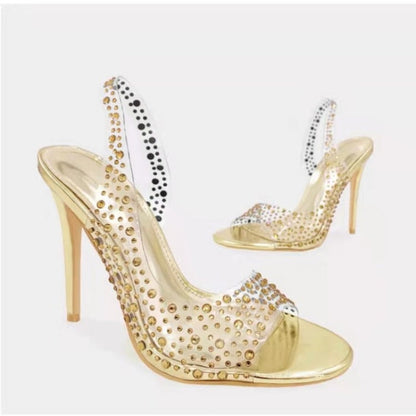 Round Head Rhinestone Slim Heel Transparent Sandals