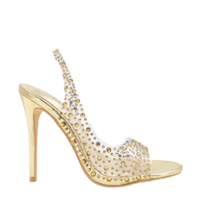 Round Head Rhinestone Slim Heel Transparent Sandals