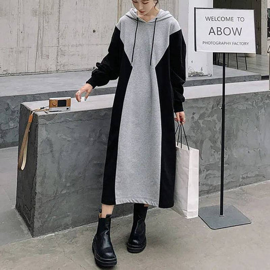 Hooded Long Loose Patchwork Sweatshirt Dress