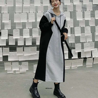 Hooded Long Loose Patchwork Sweatshirt Dress