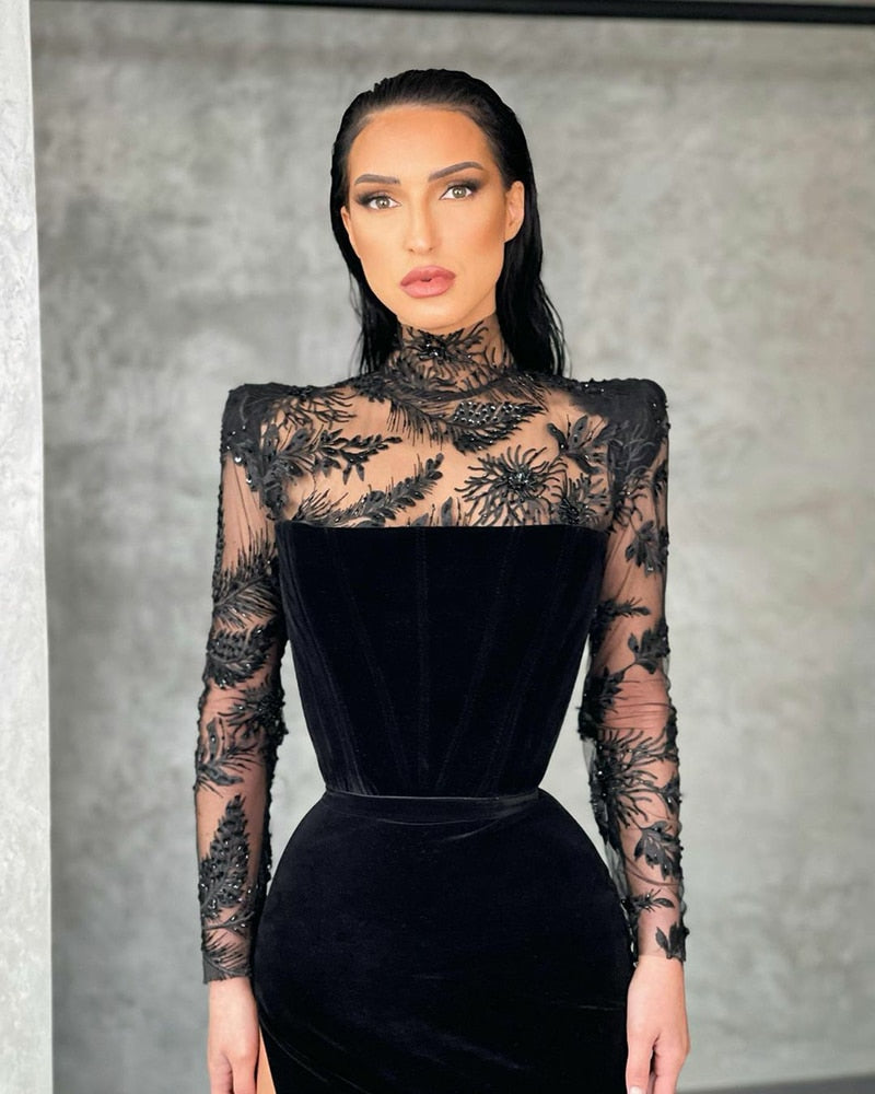 High Neck Long Sleeve Side Split Lace Mermaid Evening Dress