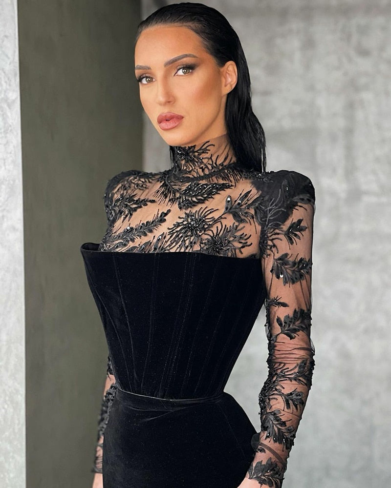 High Neck Long Sleeve Side Split Lace Mermaid Evening Dress