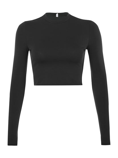 Solid Basic Long Sleeve Womens Crop Top T Shirt - Azahshopping