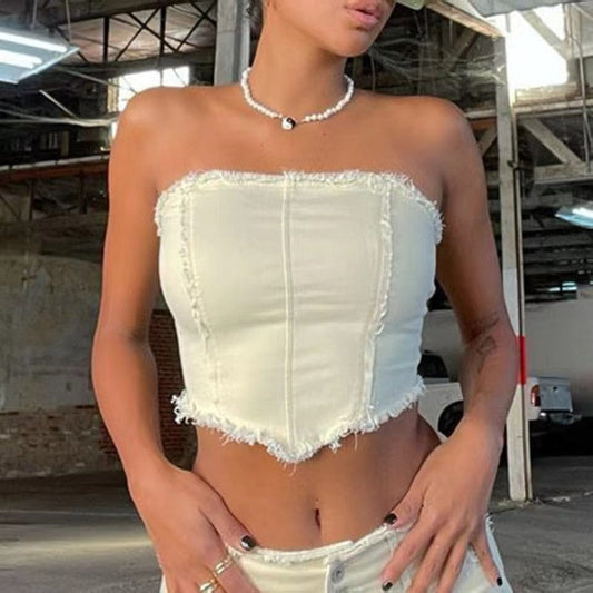 Strapless Slim Fit Crop Top White Denim Vest