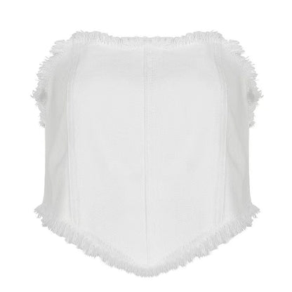 Strapless Slim Fit Crop Top White Denim Vest