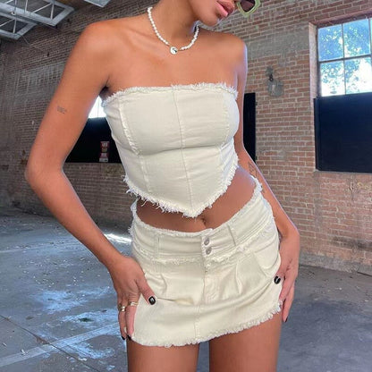 Strapless Slim Fit Crop Top White Denim Vest