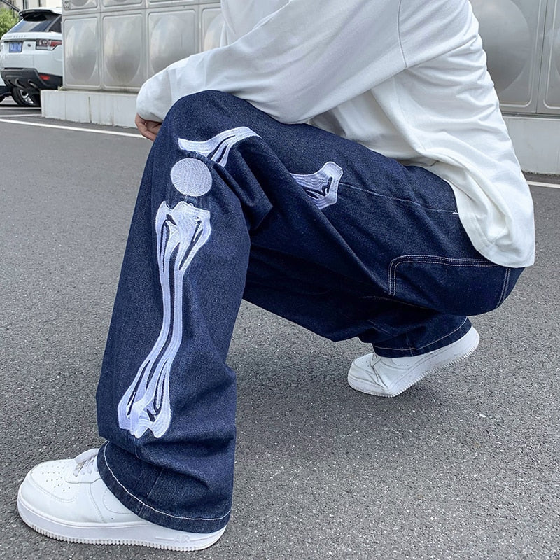 Skeleton Embroidery Mopping Denim Pants