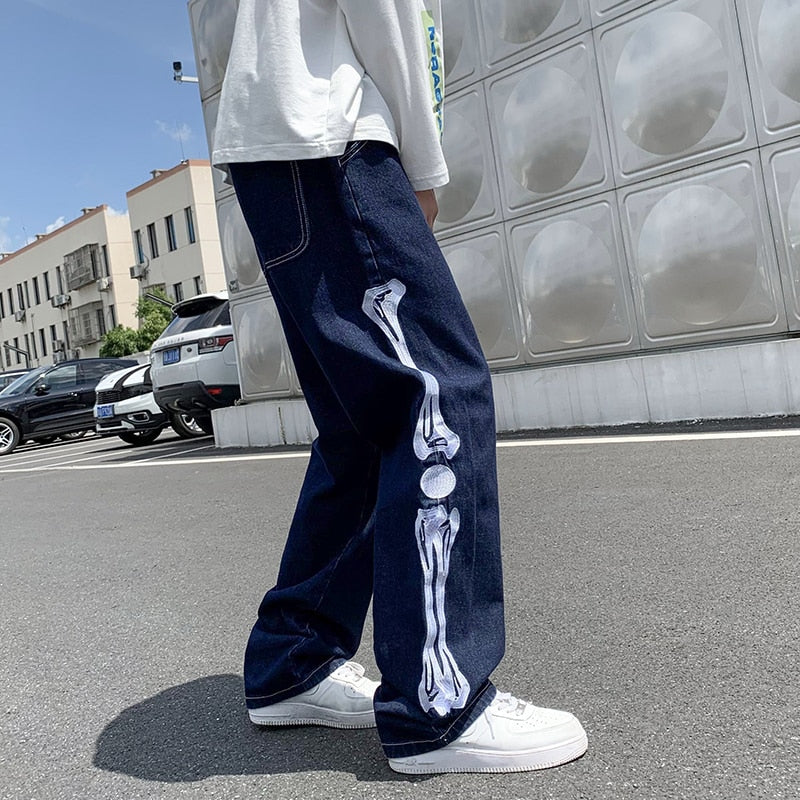 Skeleton Embroidery Mopping Denim Pants