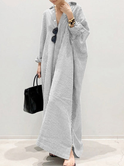 Linen Striped Cardigan Loose Long Dress