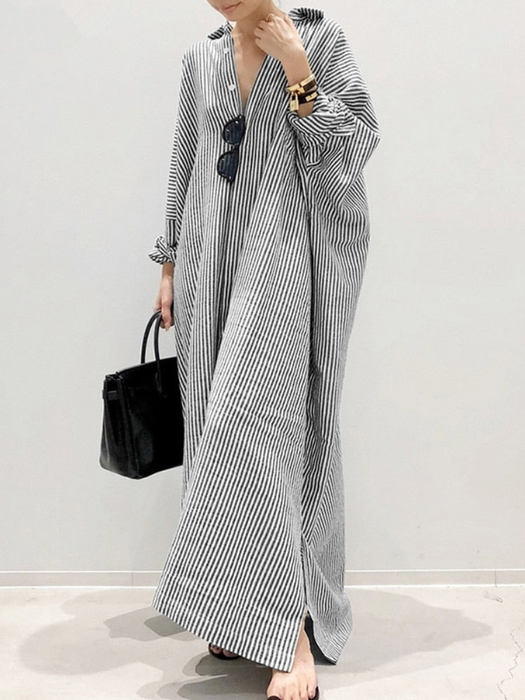 Linen Striped Cardigan Loose Long Dress