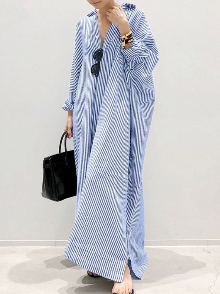 Linen Striped Cardigan Loose Long Dress